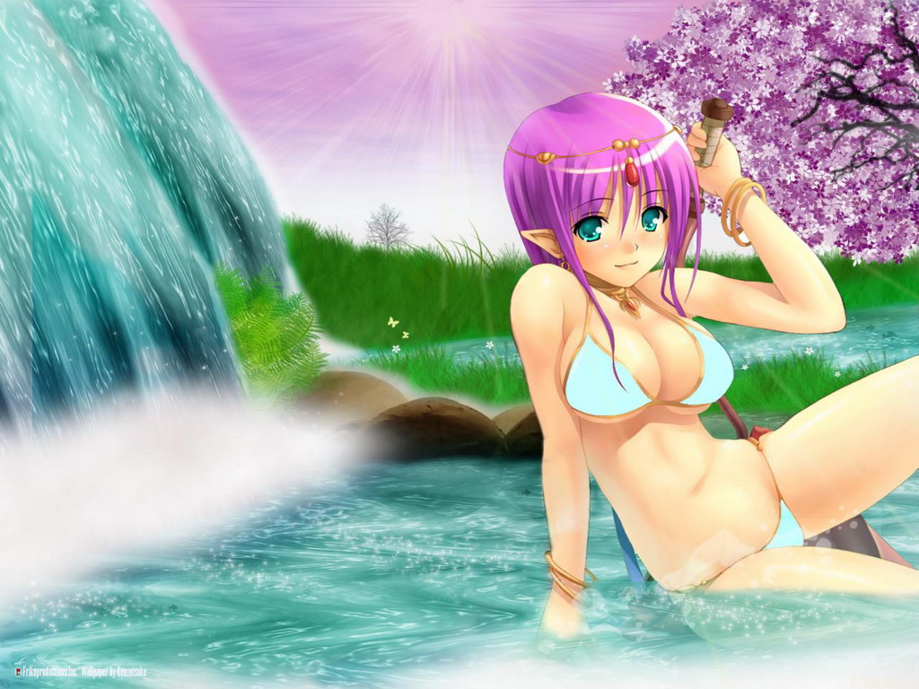 Японка с фиолетовыми волосами сидит у водопада обои