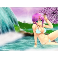 Японка с фиолетовыми волосами сидит у водопада, обои и красивые картинки на рабочий стол