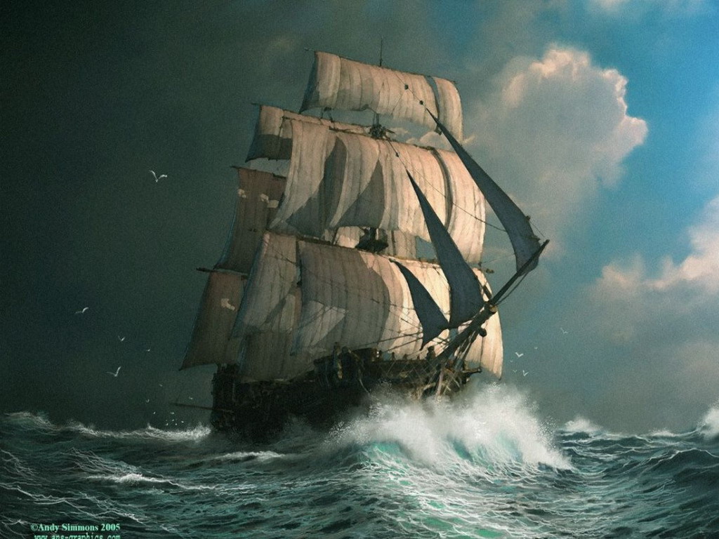 Корабль в океане одинокий. Энди Симмонс пейзаж море шторм. Художник Энди Симмонс. Парусный корабль. Пиратский корабль.