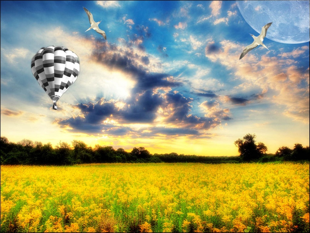 Фантастическая природа и белый воздушный шар над золотистым полем обои