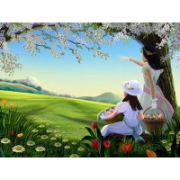 Две девочки в белом на поляне цветов с яйцами, картинки, обои, скачать заставку на рабочий стол