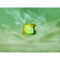 Погрызенное зеленое яблоко от apple с лягушкой, скачать картинки и обои на рабочий стол