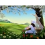 (1024х768, 313 Kb) Две девочки в белом на поляне цветов с яйцами, картинки, обои, скачать заставку на рабочий стол
